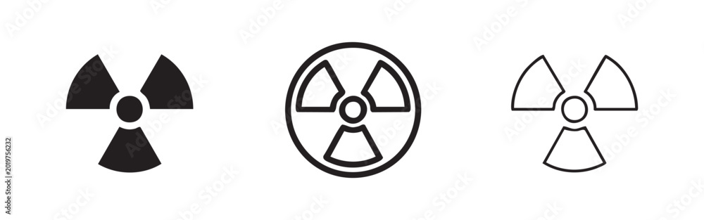 Fototapeta premium Radiation hazard symbol icon set. Universal warning for radioactive materials in solid, outline, and hand-drawn styles.