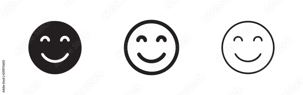 Fototapeta premium Set of smiley face icons: solid, outline with border, and simple outline.