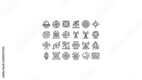 Minimal Lost Civilization Technology Icon Set – Thin Line Black Outline Ancient Futuristic Symbol Vector Icons Grid