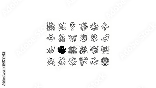 Minimal Abstract Thought Creature Icon Set – Thin Line Black Outline Surreal Symbolic Vector Creatures Grid
