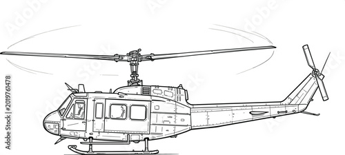 Tableau sur toile Vintage helicopter sketch illustration with detailed military aircraft engraving
