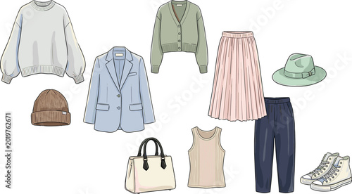 Foto PrintWomen autumn fashion clothing vector set featuring oversized sweater blazer cardigan pleated skirt tank top pants beanie hat handbag and sneakers for seasonal wardrobe apparel