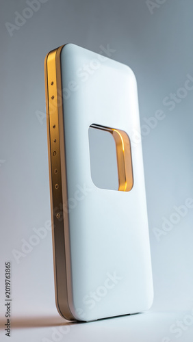 A modern, sleek device with a white and gold design, featuring a square cutout.