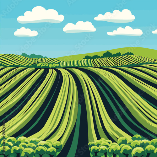 Vibrant Green Fields Under Bright Blue Sky Vector Illustration.