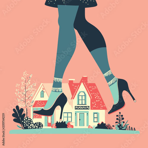 Woman In High Heels Walking Over Houses Vector Illustration.