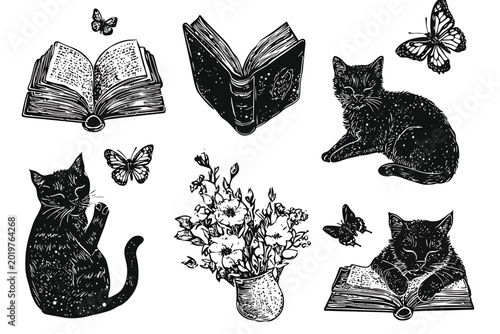 Vintage Black And White Illustration Of Cats Books And Butterflies Vector Illustration.