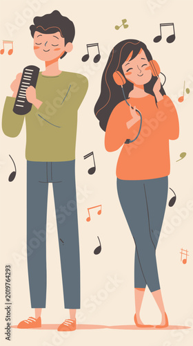 Young Couple Enjoying Music Together With Melodica And Headphones Vector Illustration.
