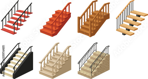 Tableau sur toile Isometric staircase icon set featuring wooden stairs concrete steps metal railings balustrades and home interior architectural construction design vectors for real estate planning