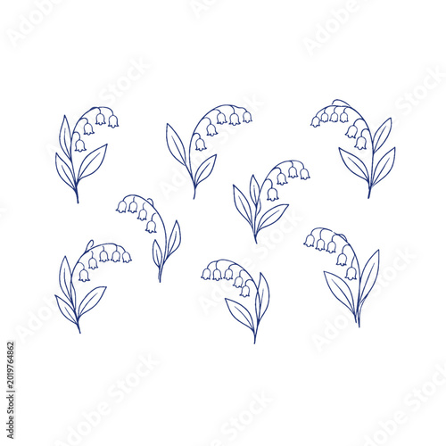 Bild auf Leinwand Minimalist lily of the valley line art vector set, delicate floral bell flower i