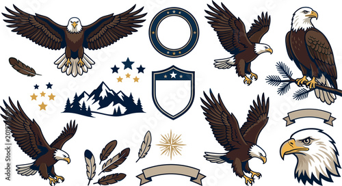 Obraz na płótnie Bald Eagle Mascot and Emblem Collection with Flying American Eagles, Shields, Fe