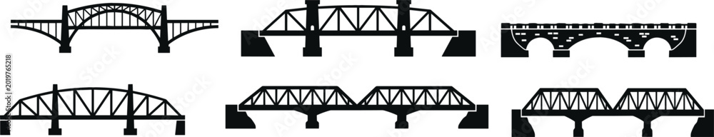 Fototapeta premium Bridge silhouette collection with arch truss and stone crossing structures vector illustration set