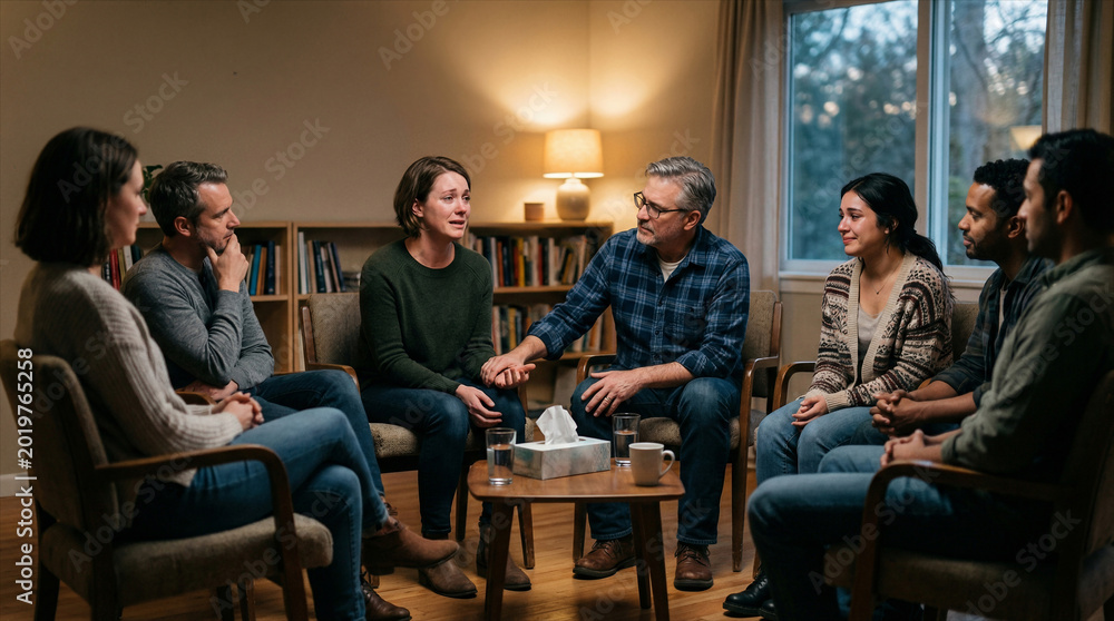 Fototapeta premium Diverse support group talking during evening community counseling session