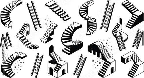 Isometric staircase and ladder architectural collection featuring spiral stairs optical illusion steps doorways geometric paths and monochrome structural graphics vectors for career growth concepts.
