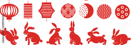 Photos Chinese lantern and rabbit silhouette collection with festive oriental decorativ