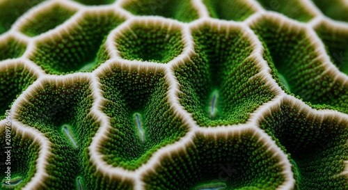 Close up of a vibrant green coral reef structure with intricate patterns.