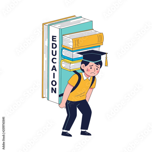 Student struggling with heavy books & education concept vector illustration