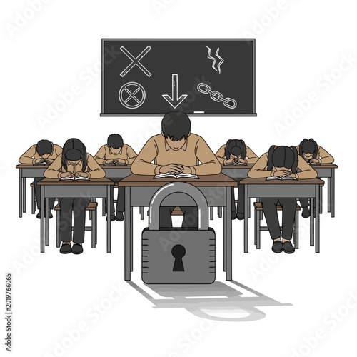 Students in Classroom with Lock, Studying Concept Illustration