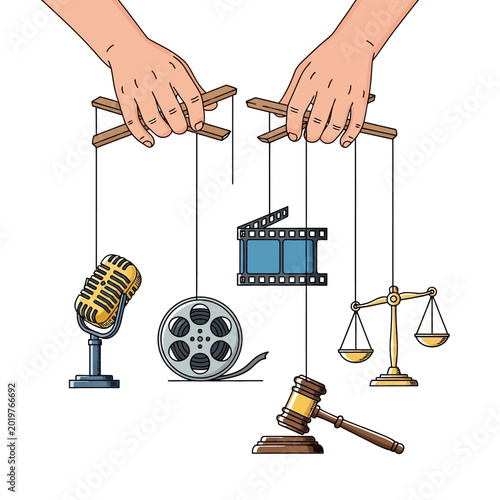 Hands controlling media, justice, and entertainment elements concept.
