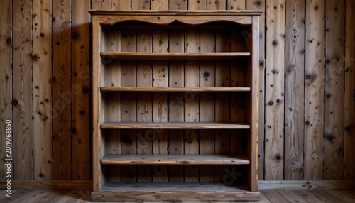 Rustic Wooden Bookshelf with Warm Lighting Cozy Interior