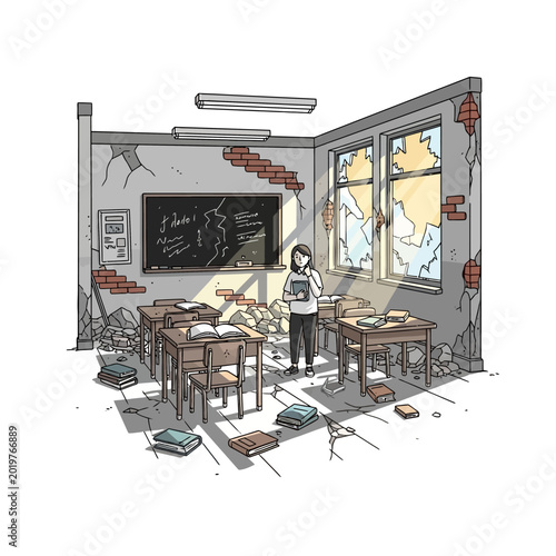 Illustrated classroom scene: student amidst post-disaster debris and broken windows, sketch