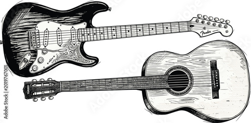 Tableau sur toile Electric and acoustic guitars engraving style illustration with detailed musical
