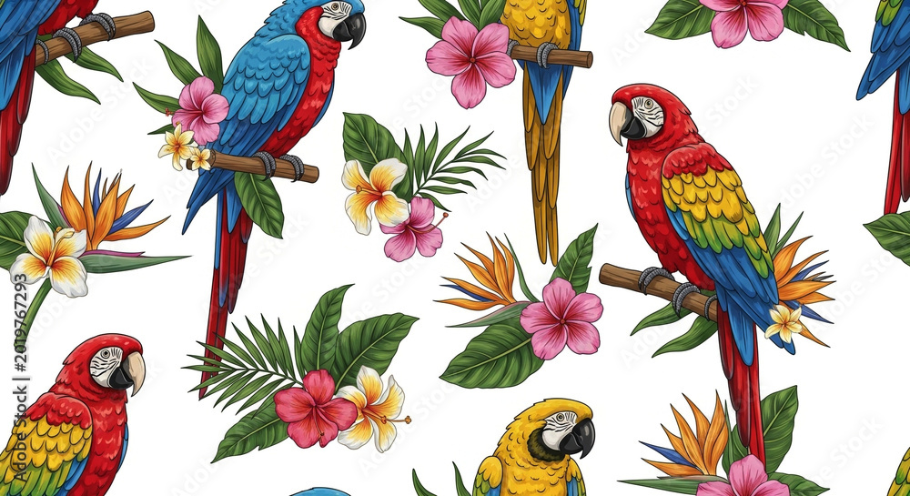 Fototapeta premium Vibrant tropical parrots perched on exotic flowers in stylized macaw parakeet