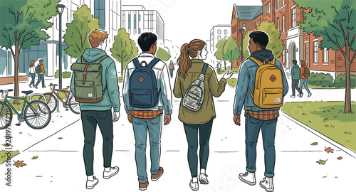 Group of college students walking on campus with backpacks in urban university environment vector illustration lifestyle scene