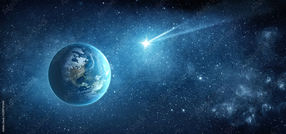 Fototapeta premium Comet, asteroid, meteorite flying to the planet Earth on starry night sky. Glowing asteroid and tail of a falling comet threatening the safety of the Earth. Elements of this image furnished by NASA.