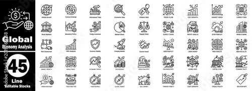 Obraz na plátne Global economy analysis line icons set, international trade finances, vector illustration