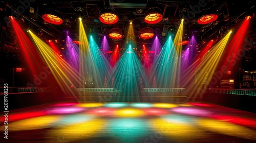 Vibrant and Colorful Stage Lights Illuminating an Empty Concert Hall with Dramatic Illumination and Cultural Ambiance