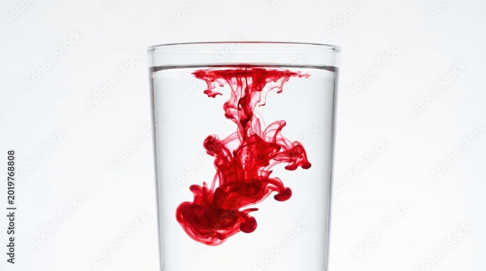 Obraz premium Red ink swirling and diffusing in clear water inside a transparent glass against a white background.