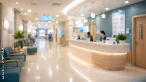 Blurred hospital lobby reception area medical clinic waiting room healthcare facility background interior doctor office hall nurses station