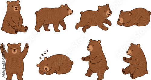 Photos Cute cartoon brown bear character collection featuring funny grizzly mascot poses sitting walking running sleeping standing up and waving hands vectors for children design illustrations