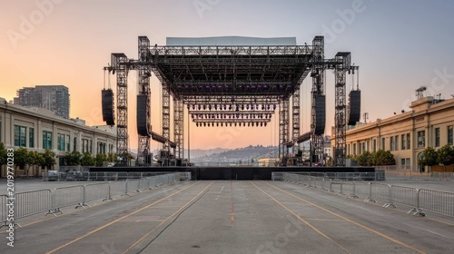 Empty outdoor concert stage at sunset with lights and sound equipment in a spacious urban environment