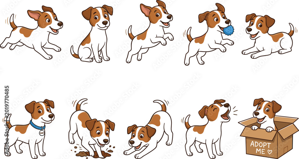 Obraz premium Cute cartoon Jack Russell Terrier puppy character collection featuring funny dog poses playing jumping digging barking and sitting inside adoption box vectors for kids stickers.
