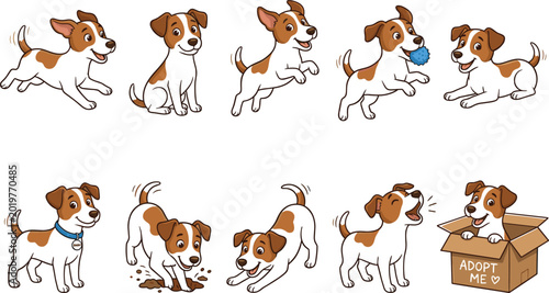 Cuadro en lienzo Cute cartoon Jack Russell Terrier puppy character collection featuring funny dog poses playing jumping digging barking and sitting inside adoption box vectors for kids stickers