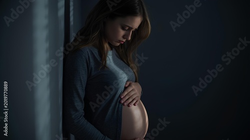 Expectant mother in quiet contemplation, cradling her baby bump in dim light, reflecting on life