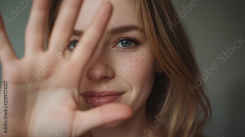 Young Woman with Blonde Hair and Blue Eyes Smiling and Reaching Out Her Hand