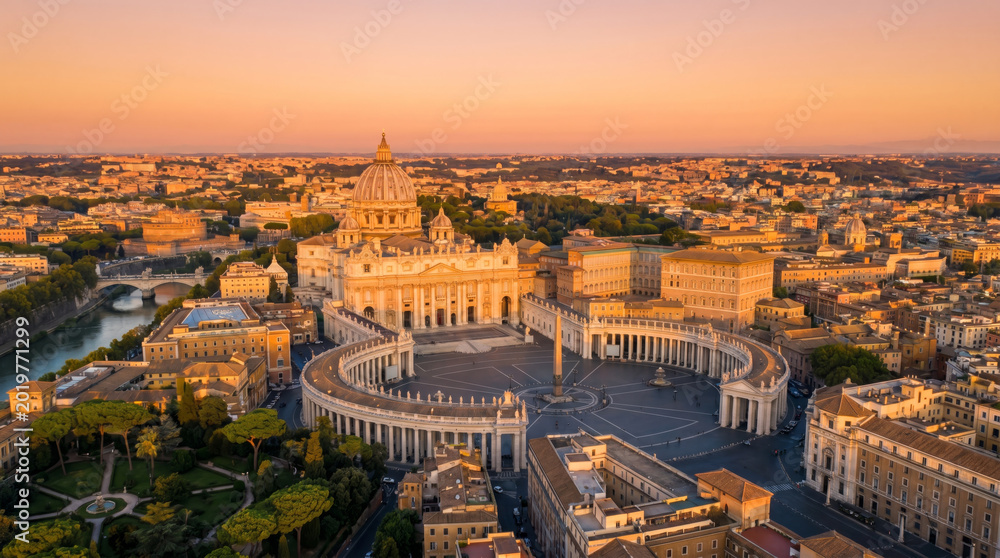 Obraz premium Aerial view of St. Peter's Basilica and Square in Vatican City at sunrise, Rome, Italy.