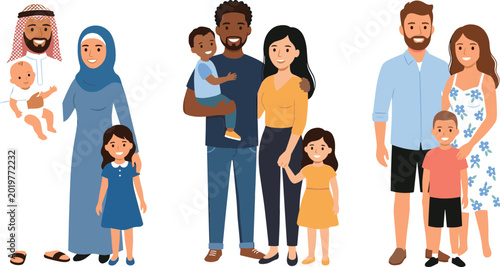 Quadro su tela Multicultural family characters collection with parents and children in diverse