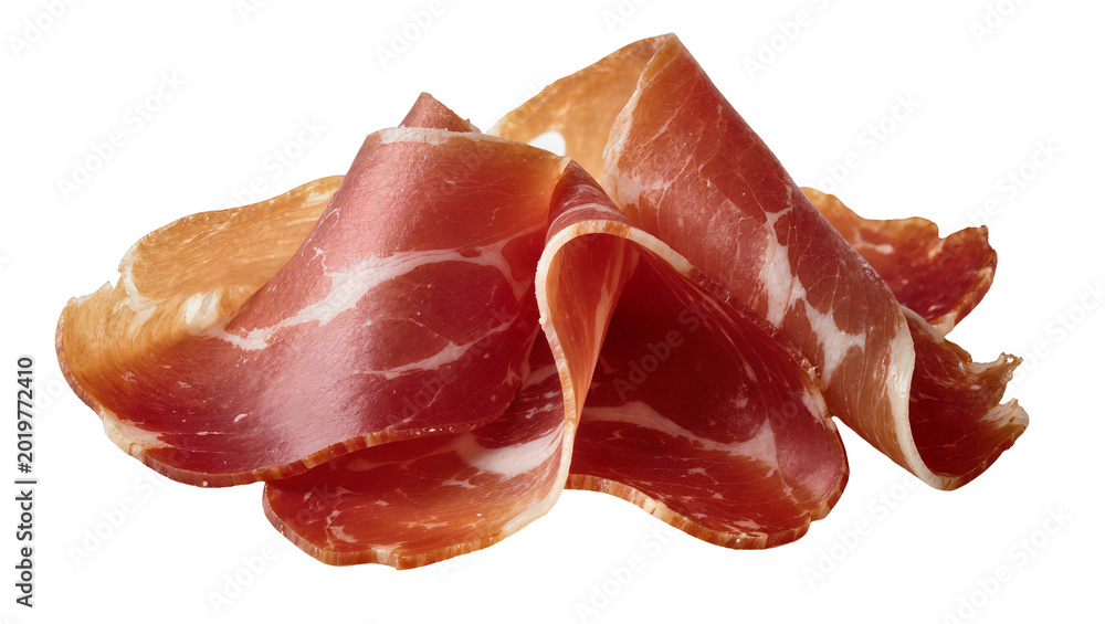 Fototapeta premium Thinly sliced cured ham with white fat marbling, isolated on transparent background