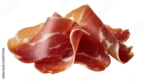 Thinly sliced cured ham with white fat marbling, isolated on transparent background