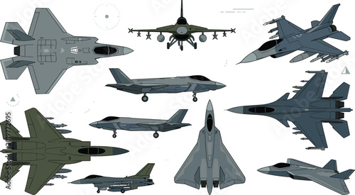 Bild auf Leinwand Modern military fighter jet aircraft collection with combat aviation vehicles ve