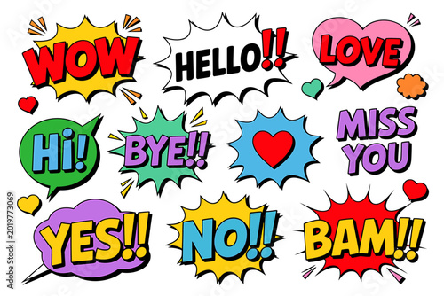 Colorful comic style speech bubbles with emotional expressions and words