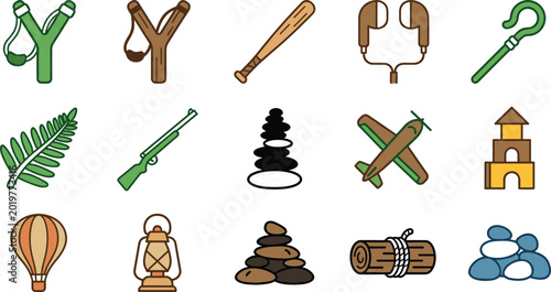 Photography Set of hand-drawn icons representing outdoor activities, hobbies, and recreation