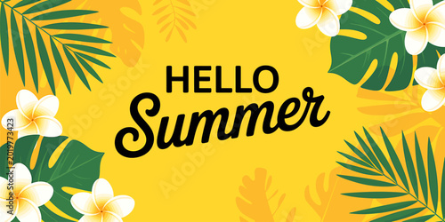 Bright summer greeting graphic with tropical flowers and leaves design