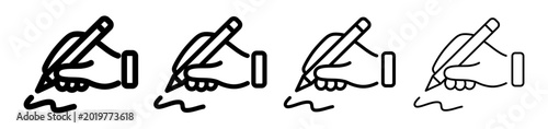 Hand with pen and pencil writing lines of different thickness. Outline drawing icon 