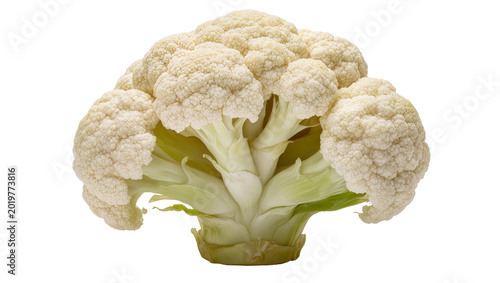 Foto Fresh white cauliflower head with green leaves, isolated on transparent backgrou