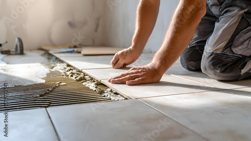 Worker installing ceramic floor tiles with adhesive