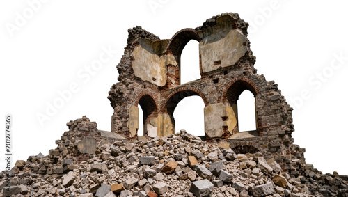 Bild auf Leinwand Ancient stone building ruins with arched windows, isolated on transparent backgr